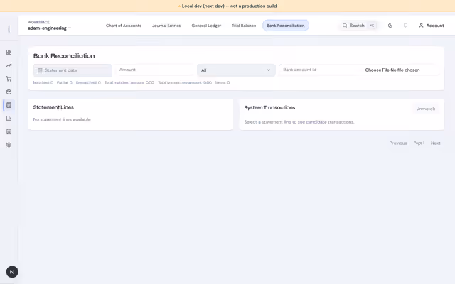 Bank reconciliation workspace