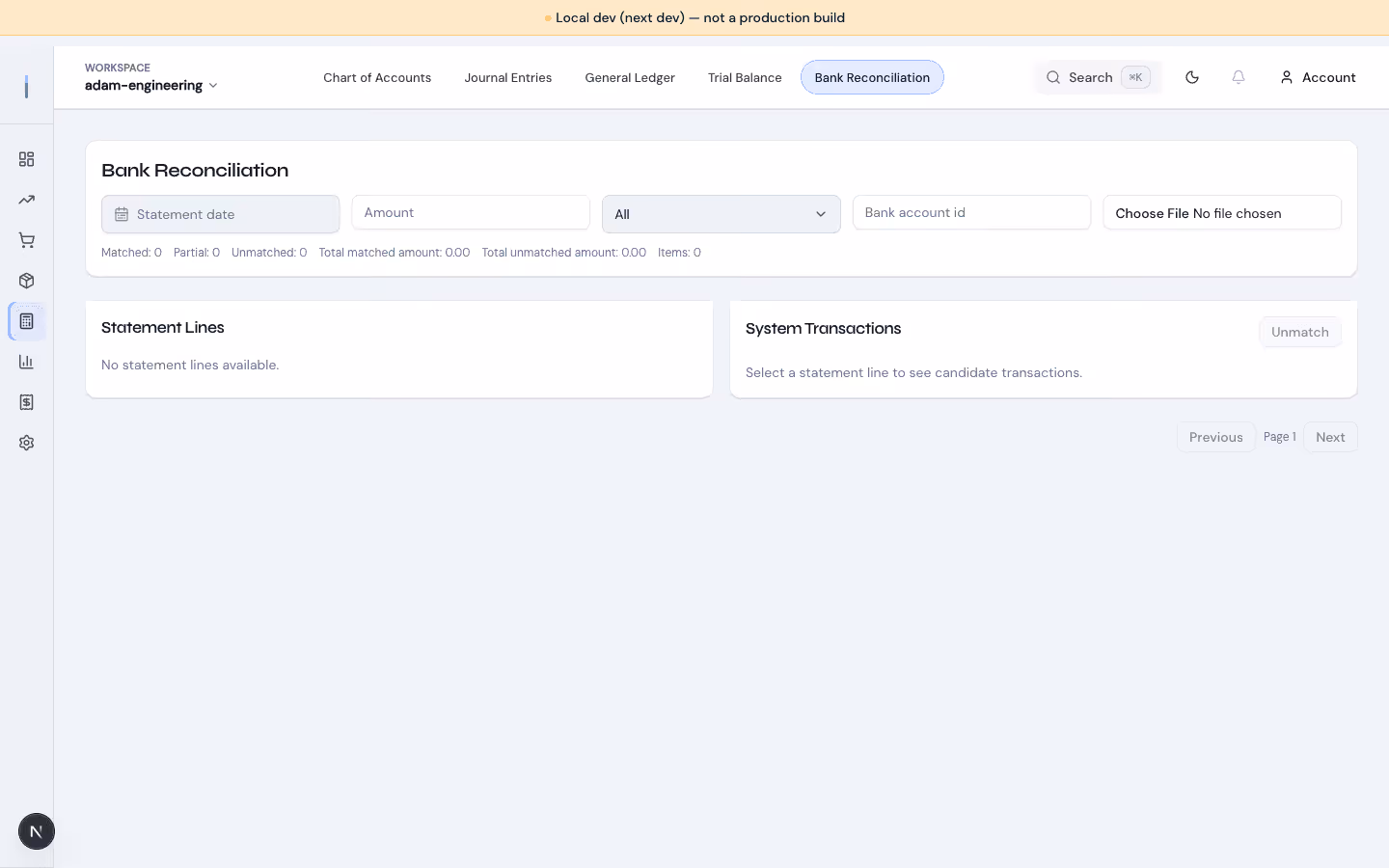 Corenzio bank reconciliation module screenshot