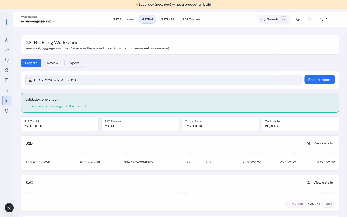 Corenzio GST filing preparation module screenshot