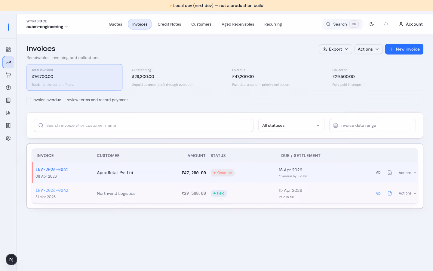 Corenzio invoices and quotes module screenshot